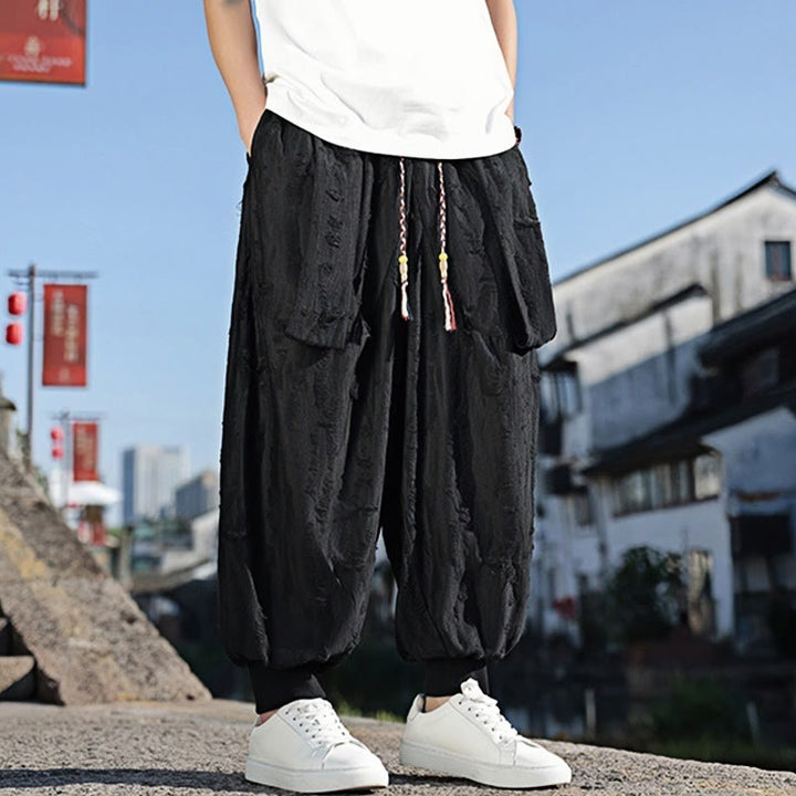 Buddha Stones Solid Color Hole Design Drawstring Cotton Men's Wide Leg Pants With Pockets - image 13