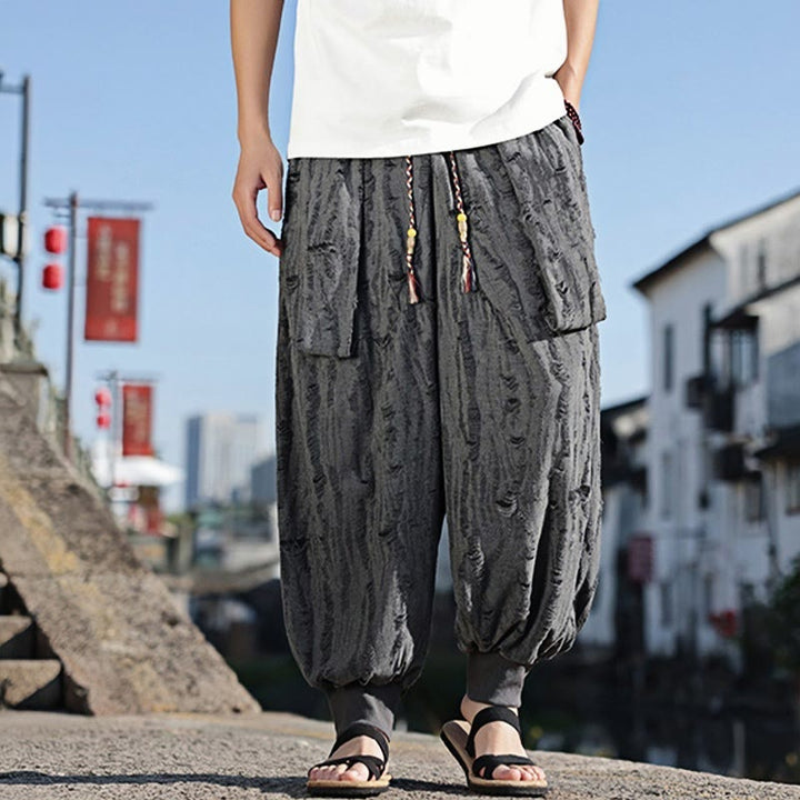 Buddha Stones Solid Color Hole Design Drawstring Cotton Men's Wide Leg Pants With Pockets - image 4