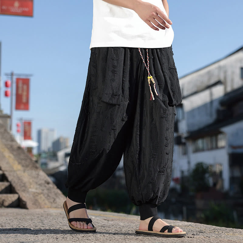 Buddha Stones Solid Color Hole Design Drawstring Cotton Men's Wide Leg Pants With Pockets - Black - US/UK/AU46，EU56 (5XL) - image 8