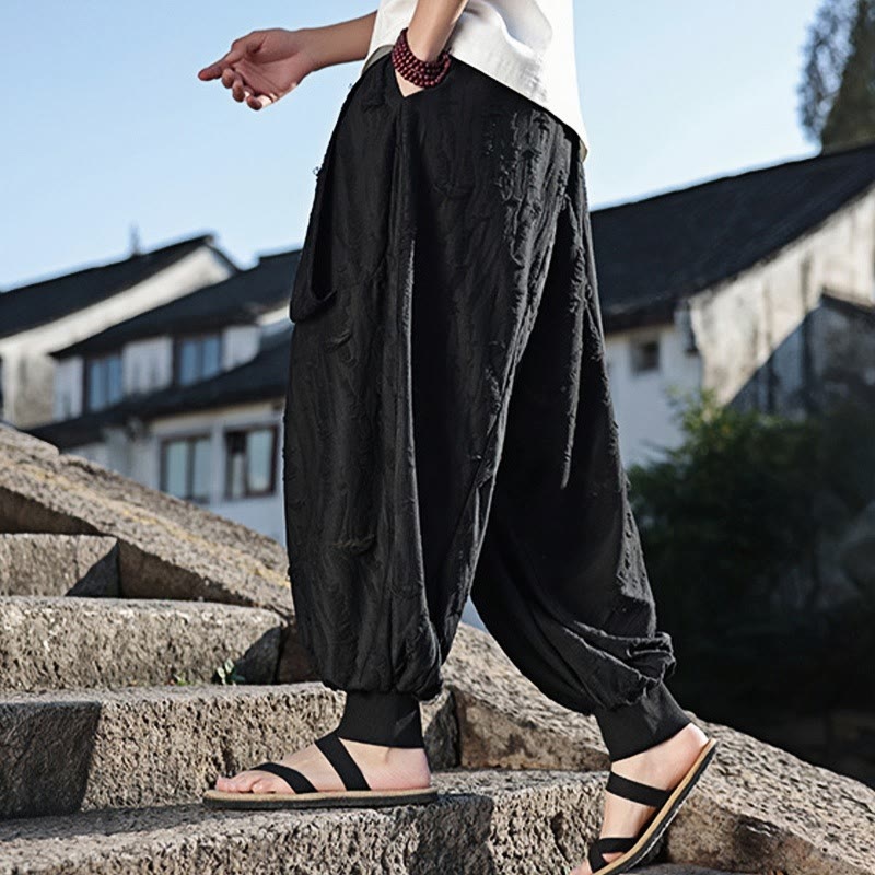 Buddha Stones Solid Color Hole Design Drawstring Cotton Men's Wide Leg Pants With Pockets - image 12