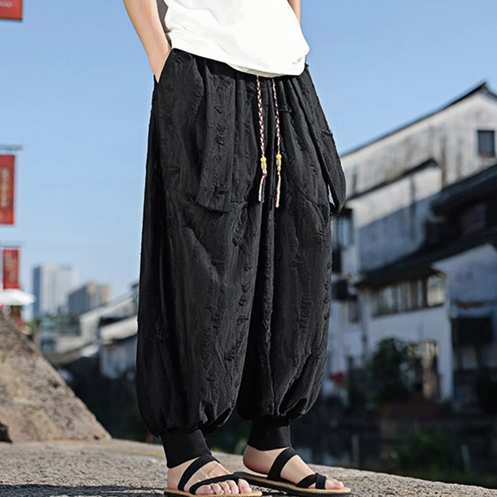 Buddha Stones Solid Color Hole Design Drawstring Cotton Men's Wide Leg Pants With Pockets - image 11
