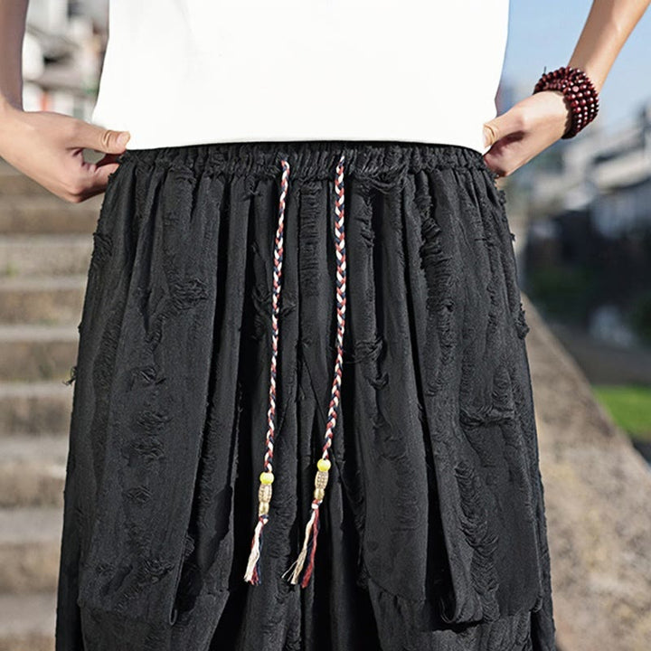 Buddha Stones Solid Color Hole Design Drawstring Cotton Men's Wide Leg Pants With Pockets - image 19