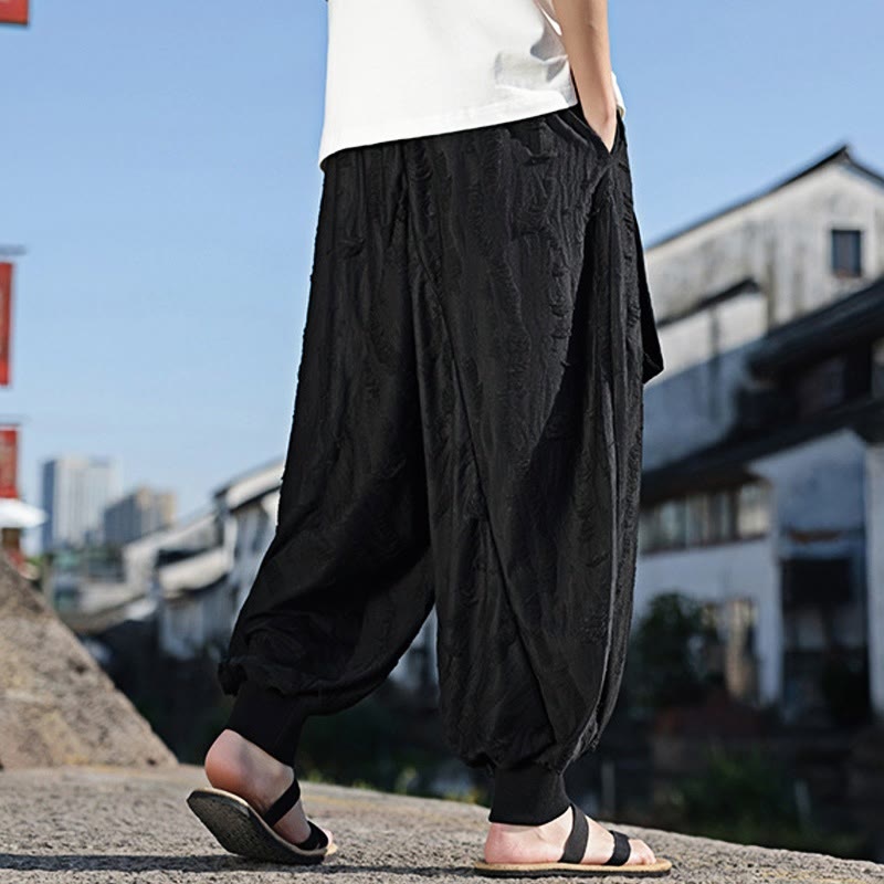 Buddha Stones Solid Color Hole Design Drawstring Cotton Men's Wide Leg Pants With Pockets - image 17