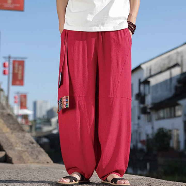 Buddha Stones Simple Patchwork Design Drawstring Cotton Men's Wide Leg Pants With Pockets - image 17
