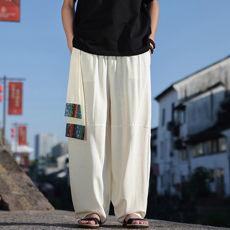 Buddha Stones Simple Patchwork Design Drawstring Cotton Men's Wide Leg Pants With Pockets - White - US/UK/AU46，EU56 (5XL) - image 25