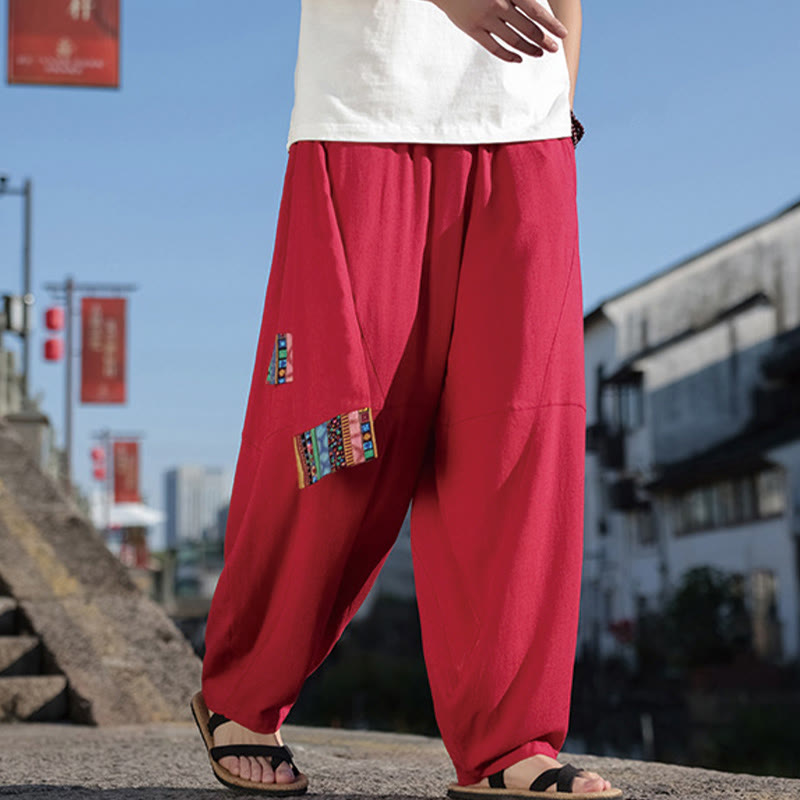 Buddha Stones Simple Patchwork Design Drawstring Cotton Men's Wide Leg Pants With Pockets - image 23