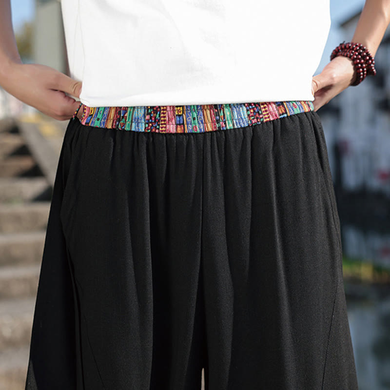 Buddha Stones Simple Patchwork Design Drawstring Cotton Men's Wide Leg Pants With Pockets - image 10