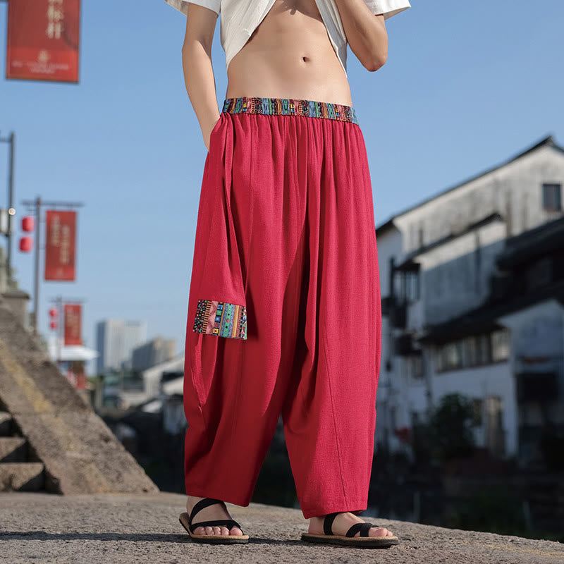Buddha Stones Simple Patchwork Design Drawstring Cotton Men's Wide Leg Pants With Pockets - image 20