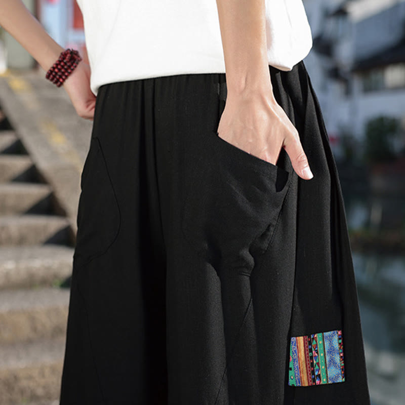Buddha Stones Simple Patchwork Design Drawstring Cotton Men's Wide Leg Pants With Pockets - image 11