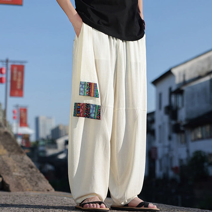 Buddha Stones Simple Patchwork Design Drawstring Cotton Men's Wide Leg Pants With Pockets - image 29