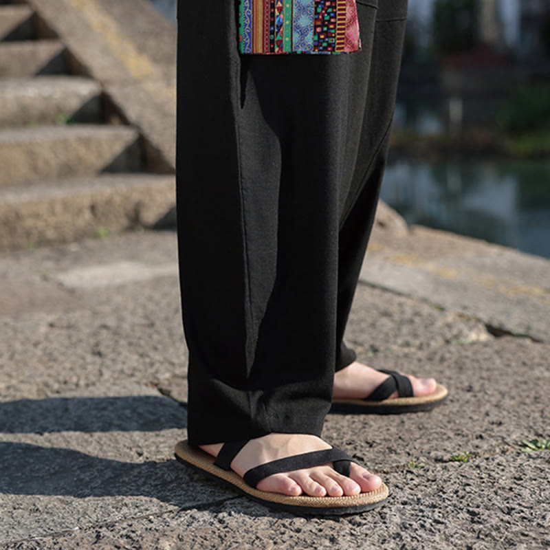 Buddha Stones Simple Patchwork Design Drawstring Cotton Men's Wide Leg Pants With Pockets - image 13