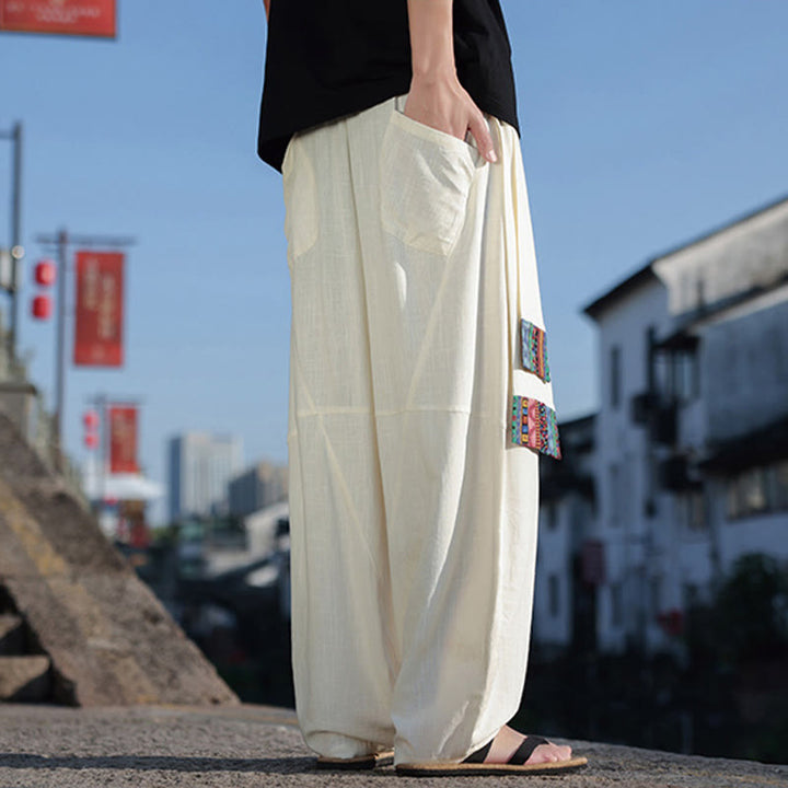 Buddha Stones Simple Patchwork Design Drawstring Cotton Men's Wide Leg Pants With Pockets - image 31