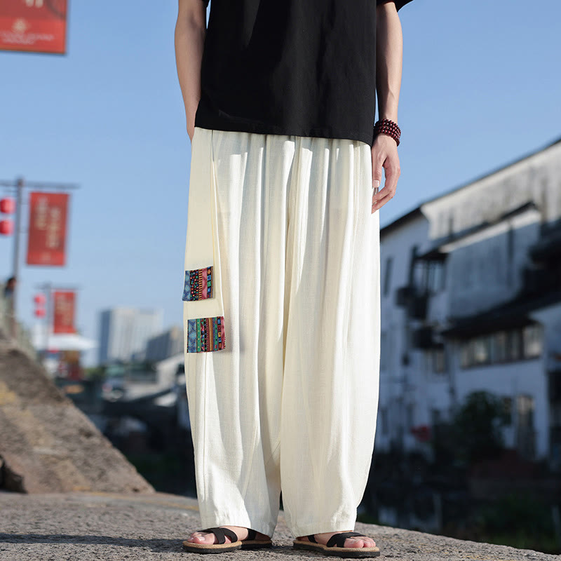 Buddha Stones Simple Patchwork Design Drawstring Cotton Men's Wide Leg Pants With Pockets - image 30
