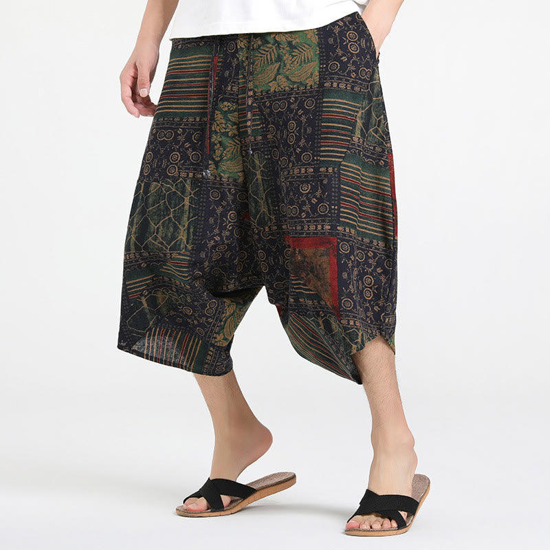 Buddha Stones Ethnic Pattern Drawstring 7-8 Length Cotton Men's Harem Pants With Pockets - image 6