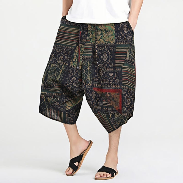 Buddha Stones Ethnic Pattern Drawstring 7-8 Length Cotton Men's Harem Pants With Pockets - Black - US/UK/AU46，EU56 (5XL) - image 0