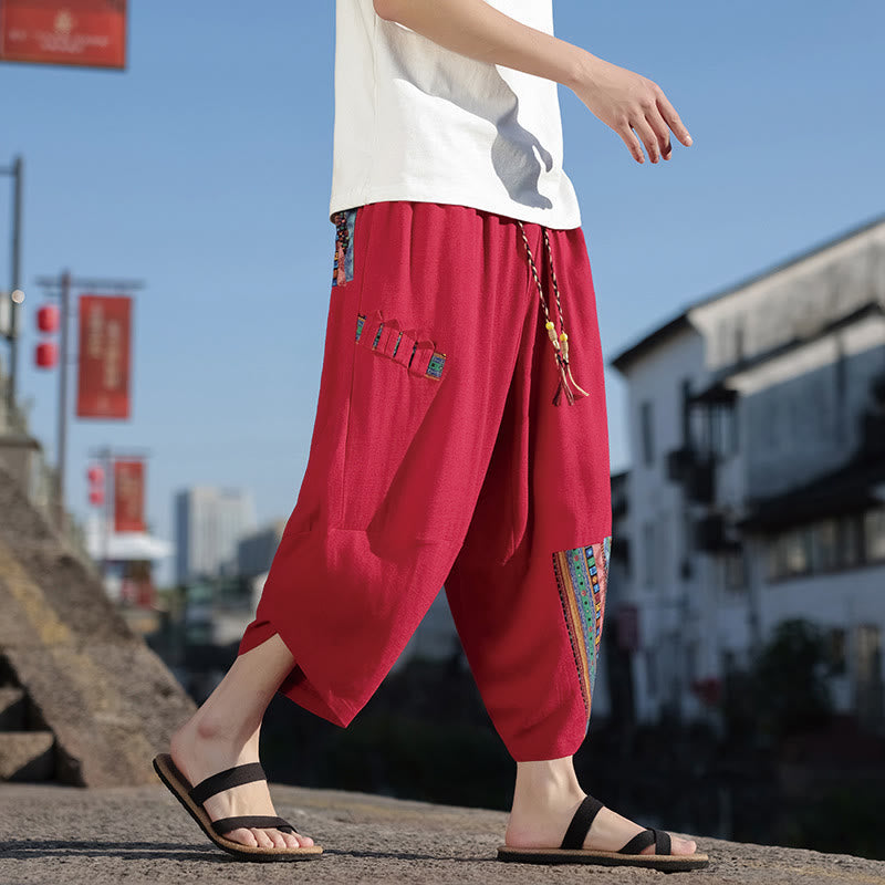 Buddha Stones Bohemian Patchwork Pattern Cotton Drawstring Men's Wide Leg Pants With Pockets - Red - US/UK/AU46，EU56 (5XL) - image 14