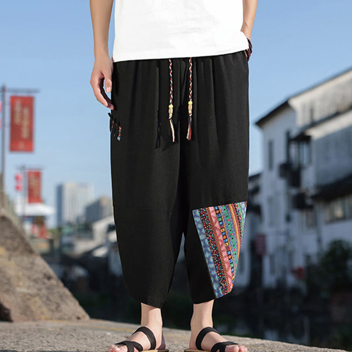 Buddha Stones Bohemian Patchwork Pattern Cotton Drawstring Men's Wide Leg Pants With Pockets - image 3