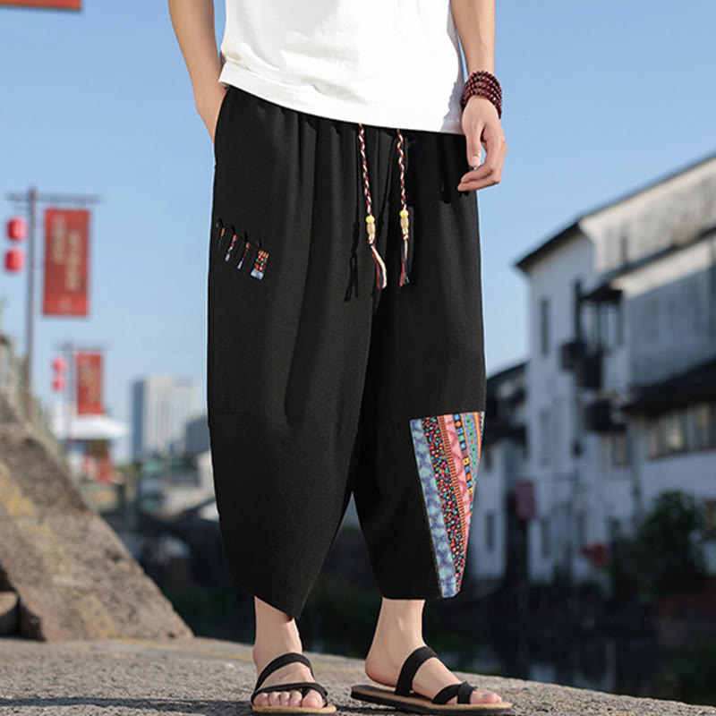 Buddha Stones Bohemian Patchwork Pattern Cotton Drawstring Men's Wide Leg Pants With Pockets - image 4