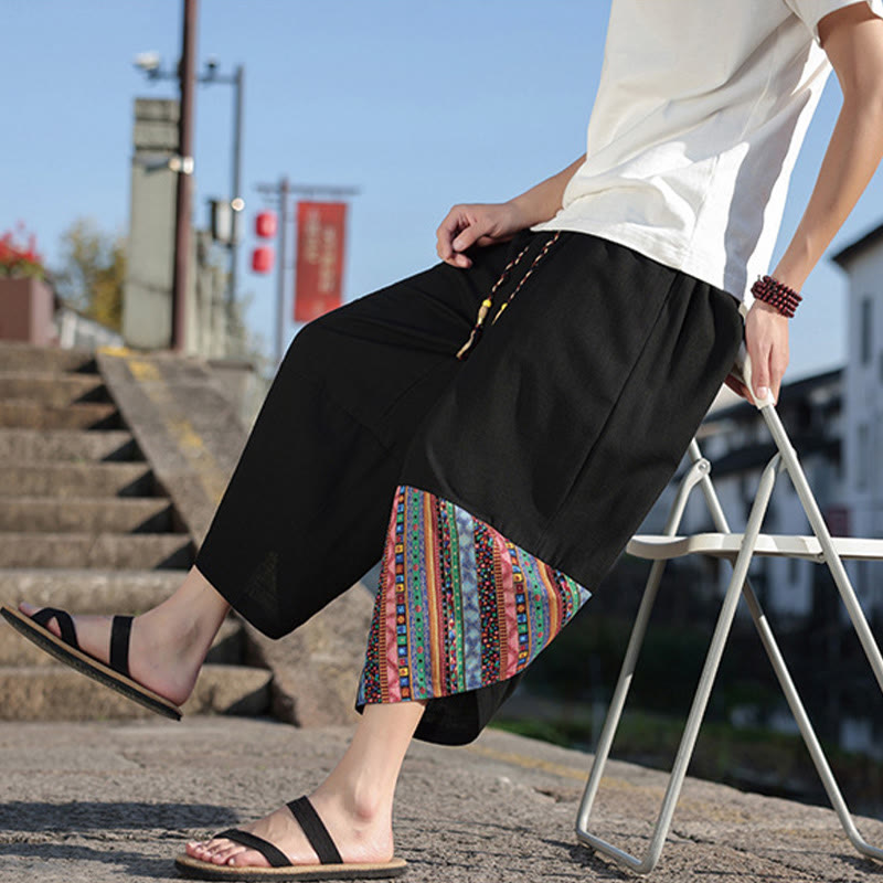 Buddha Stones Bohemian Patchwork Pattern Cotton Drawstring Men's Wide Leg Pants With Pockets - image 8