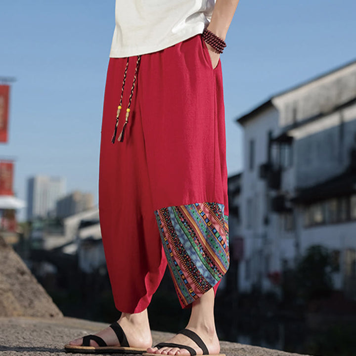Buddha Stones Bohemian Patchwork Pattern Cotton Drawstring Men's Wide Leg Pants With Pockets - image 18