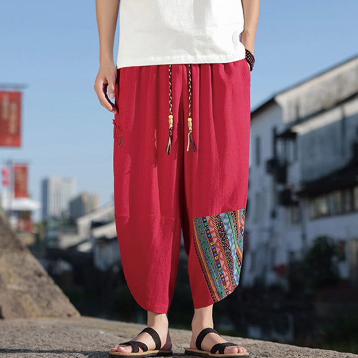 Buddha Stones Bohemian Patchwork Pattern Cotton Drawstring Men's Wide Leg Pants With Pockets - image 16