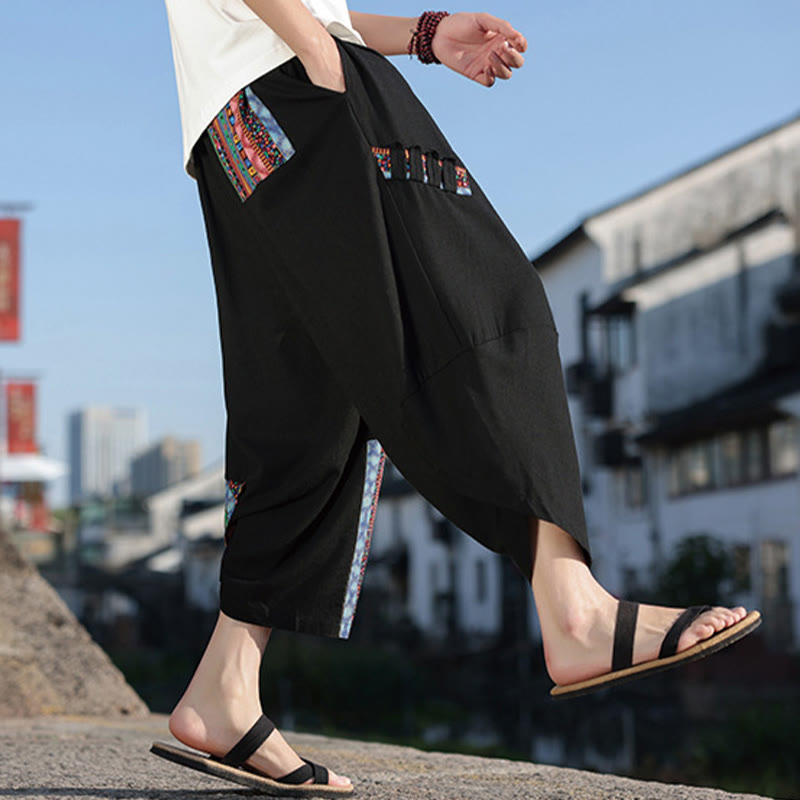 Buddha Stones Bohemian Patchwork Pattern Cotton Drawstring Men's Wide Leg Pants With Pockets - image 1