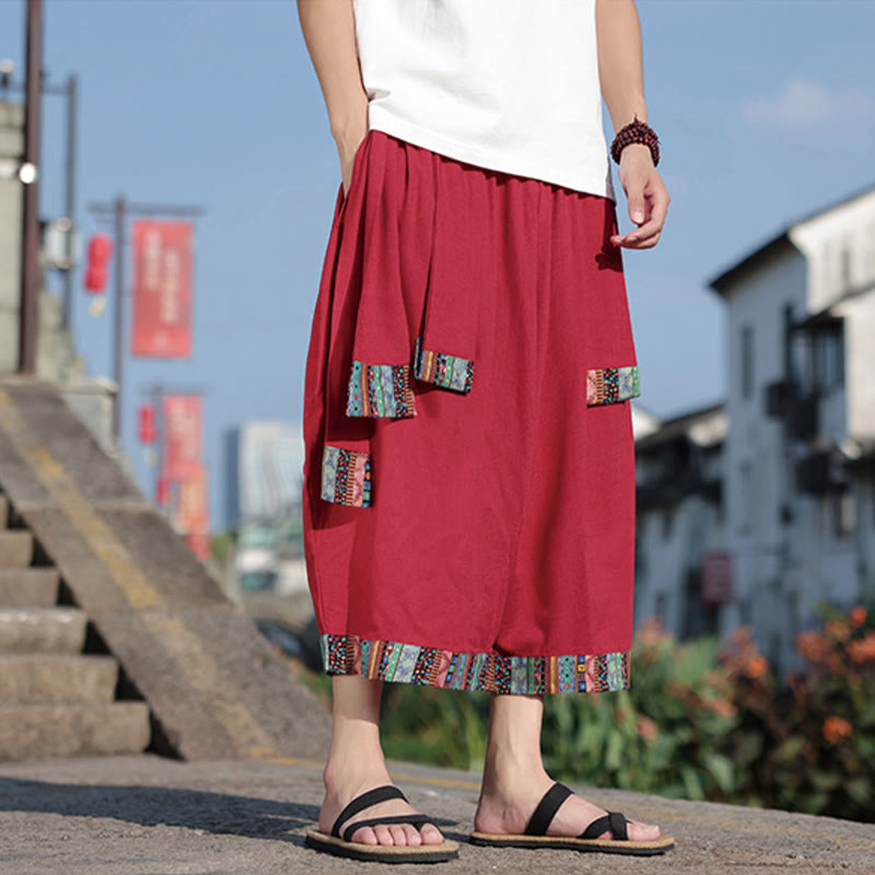Buddha Stones Summer Ethnic 7-8 Length Cropped Cotton Men's Wide Leg Pants With Pockets - image 16