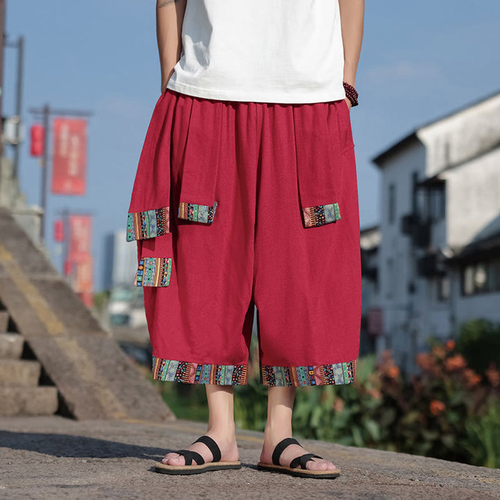 Buddha Stones Summer Ethnic 7-8 Length Cropped Cotton Men's Wide Leg Pants With Pockets - Crimson - US/UK/AU46，EU56 (5XL) - image 13