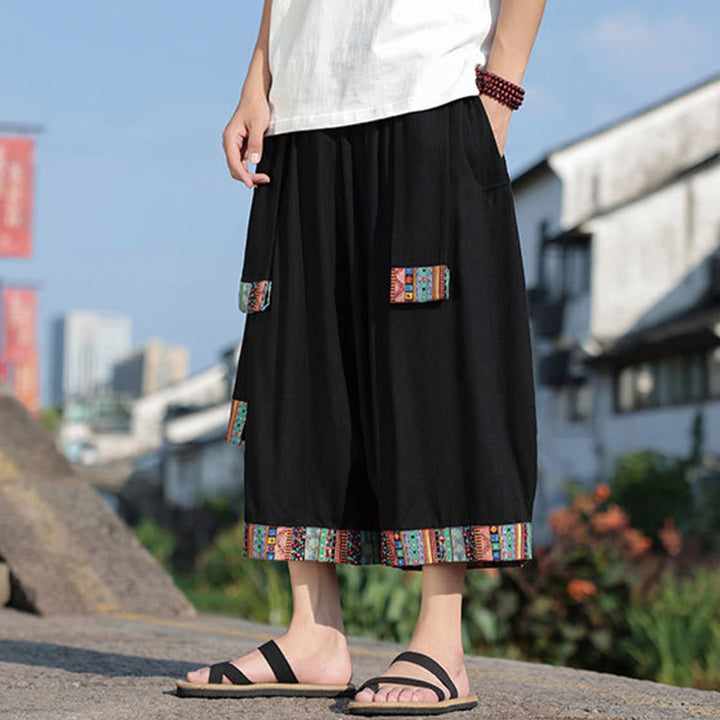 Buddha Stones Summer Ethnic 7-8 Length Cropped Cotton Men's Wide Leg Pants With Pockets - image 1