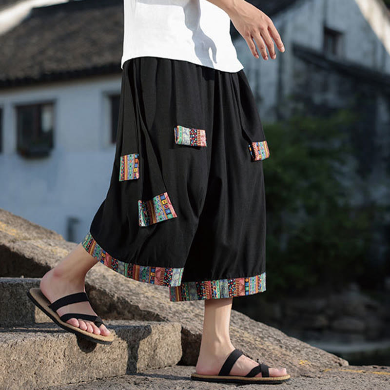 Buddha Stones Summer Ethnic 7-8 Length Cropped Cotton Men's Wide Leg Pants With Pockets - image 5
