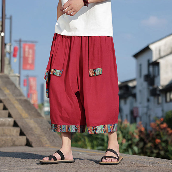 Buddha Stones Summer Ethnic 7-8 Length Cropped Cotton Men's Wide Leg Pants With Pockets - image 14