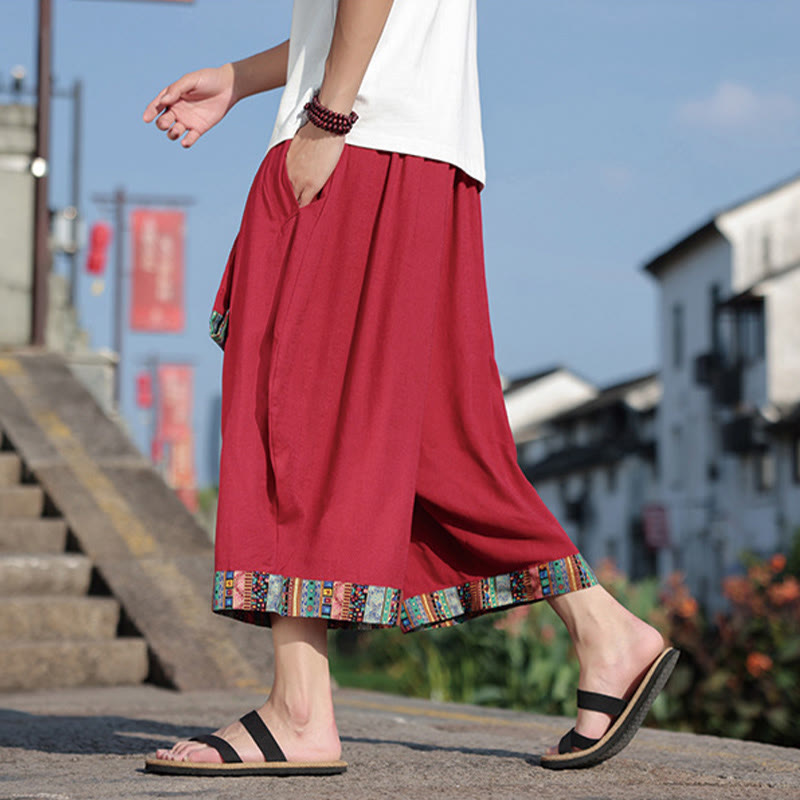 Buddha Stones Summer Ethnic 7-8 Length Cropped Cotton Men's Wide Leg Pants With Pockets - image 17