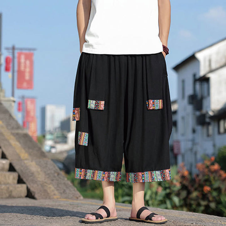 Buddha Stones Summer Ethnic 7-8 Length Cropped Cotton Men's Wide Leg Pants With Pockets - Black - US/UK/AU46，EU56 (5XL) - image 0