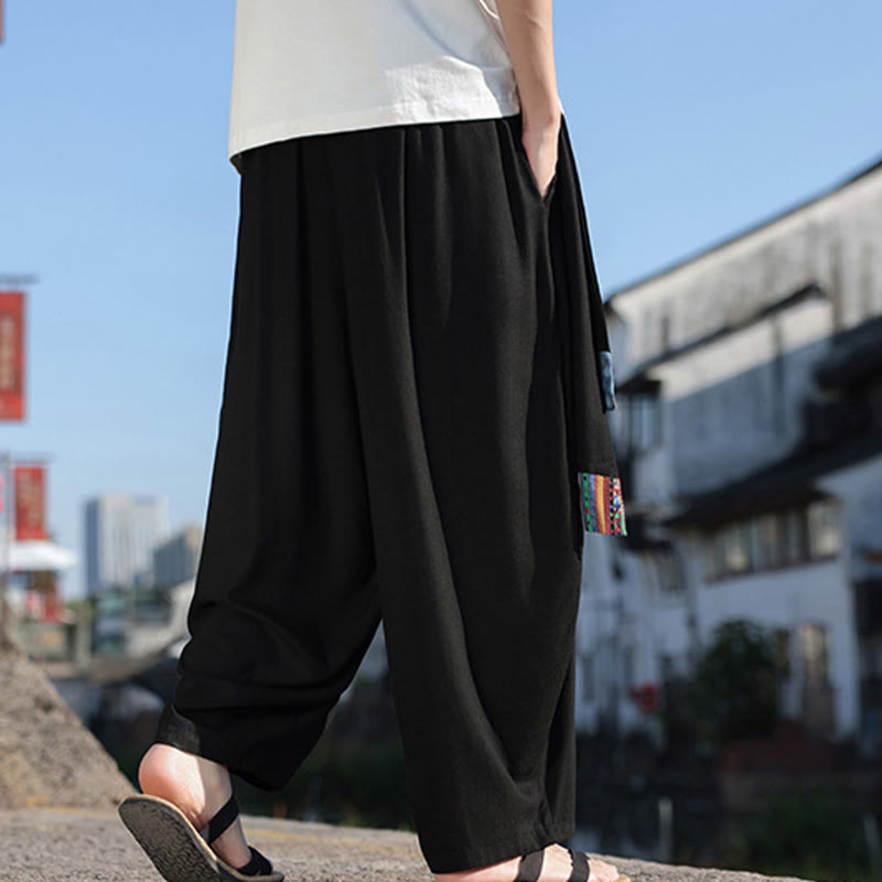 Buddha Stones Simple Patchwork Design Drawstring Soft Cotton Men's Wide Leg Pants With Pockets - image 20