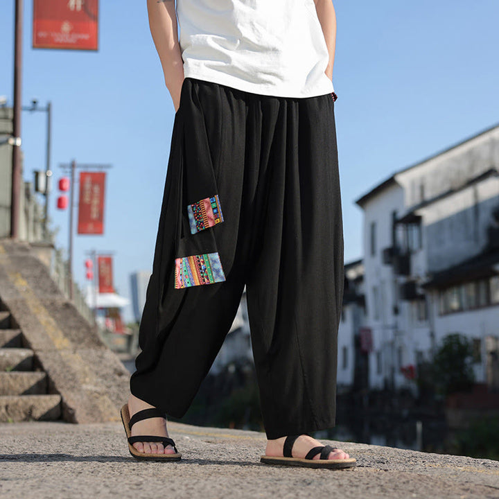 Buddha Stones Simple Patchwork Design Drawstring Soft Cotton Men's Wide Leg Pants With Pockets - Black - US/UK/AU46，EU56 (5XL) - image 11