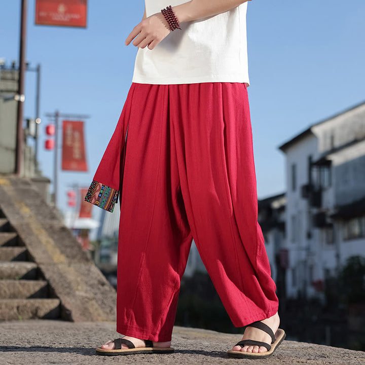 Buddha Stones Simple Patchwork Design Drawstring Soft Cotton Men's Wide Leg Pants With Pockets - Crimson - US/UK/AU46，EU56 (5XL) - image 26