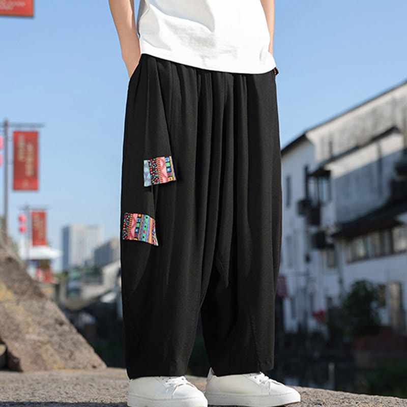 Buddha Stones Simple Patchwork Design Drawstring Soft Cotton Men's Wide Leg Pants With Pockets - image 19