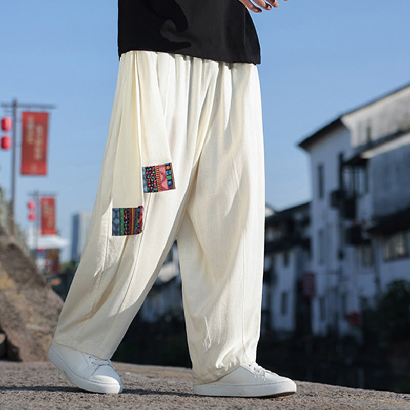 Buddha Stones Simple Patchwork Design Drawstring Soft Cotton Men's Wide Leg Pants With Pockets - image 8