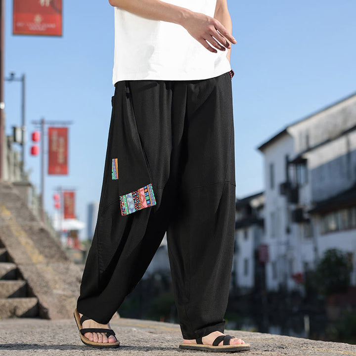 Buddha Stones Simple Patchwork Design Drawstring Soft Cotton Men's Wide Leg Pants With Pockets - image 16