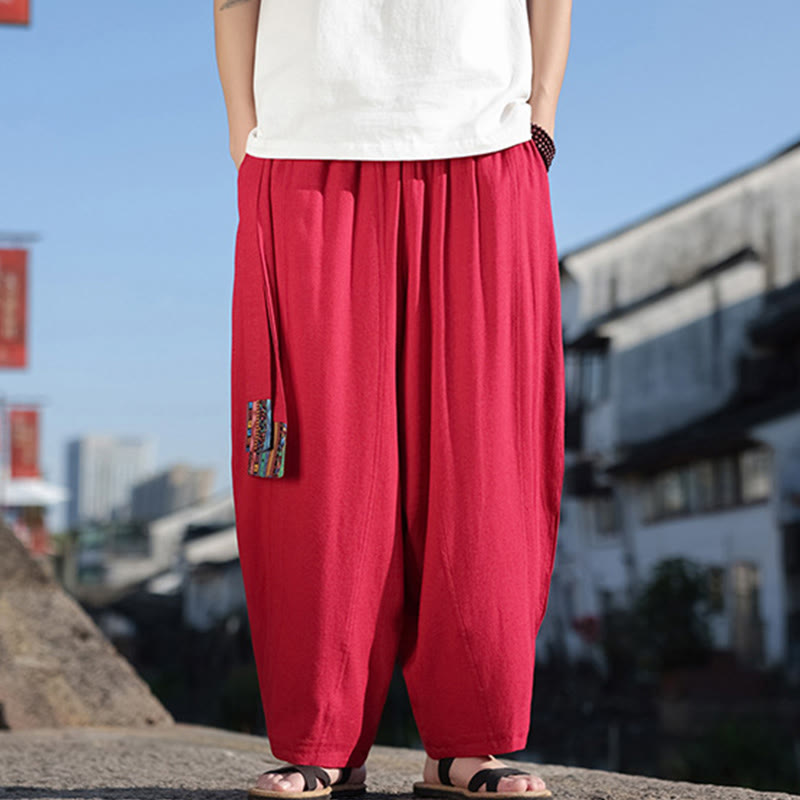 Buddha Stones Simple Patchwork Design Drawstring Soft Cotton Men's Wide Leg Pants With Pockets - image 28