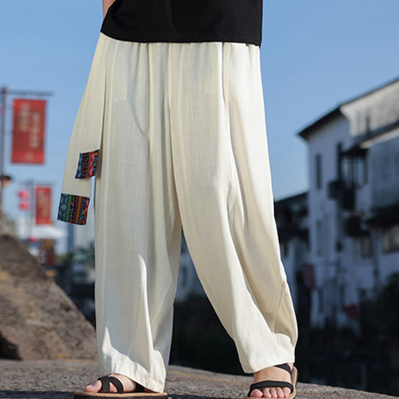 Buddha Stones Simple Patchwork Design Drawstring Soft Cotton Men's Wide Leg Pants With Pockets - image 5