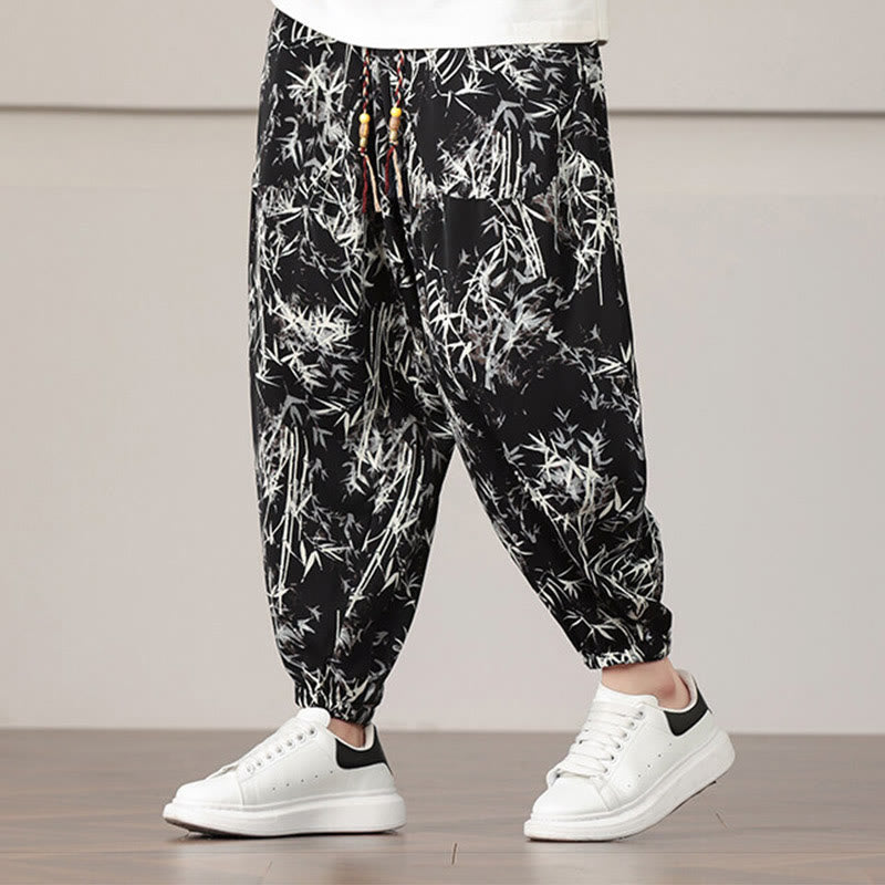 Buddha Stones Bamboo Leaf Pattern Drawstring Men's Harem Pants With Pockets - image 17