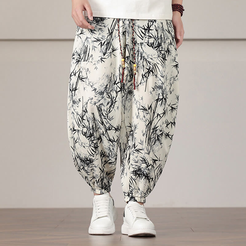 Buddha Stones Bamboo Leaf Pattern Drawstring Men's Harem Pants With Pockets - Beige - US/UK/AU46，EU56 (5XL) - image 0