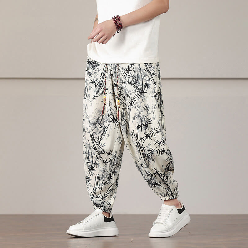 Buddha Stones Bamboo Leaf Pattern Drawstring Men's Harem Pants With Pockets - image 1