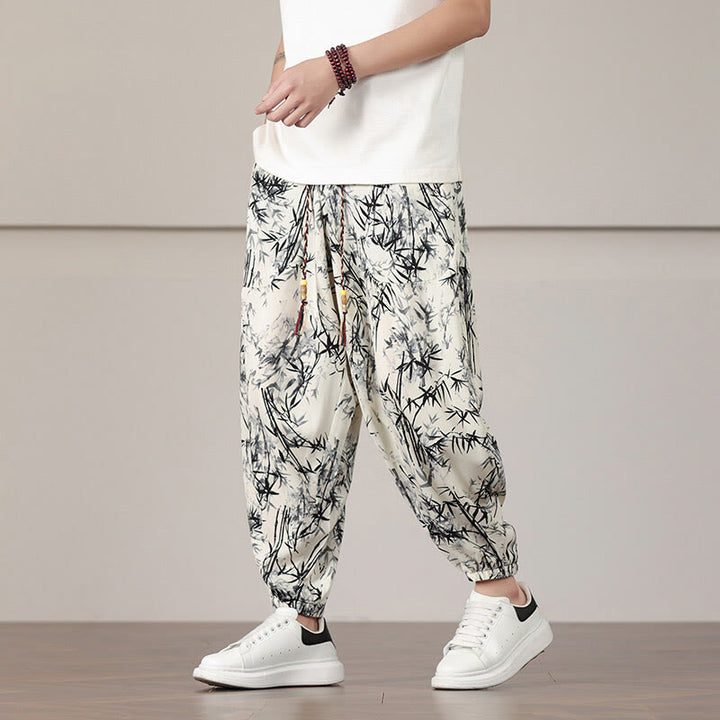 Buddha Stones Bamboo Leaf Pattern Drawstring Men's Harem Pants With Pockets - image 1