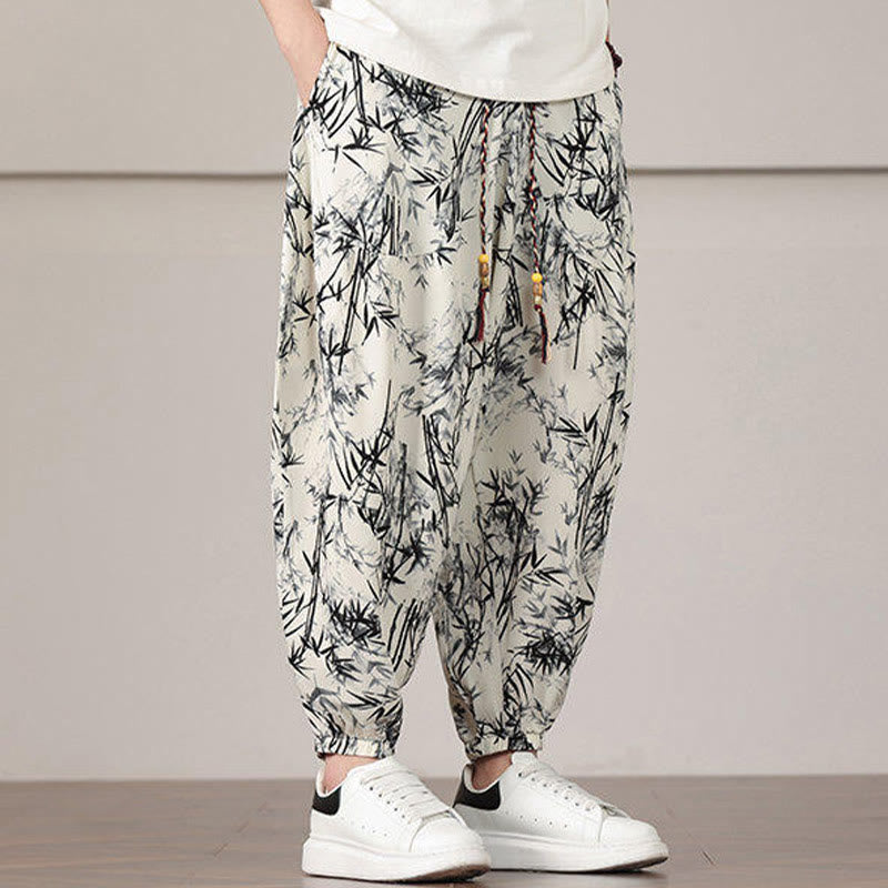 Buddha Stones Bamboo Leaf Pattern Drawstring Men's Harem Pants With Pockets - image 6