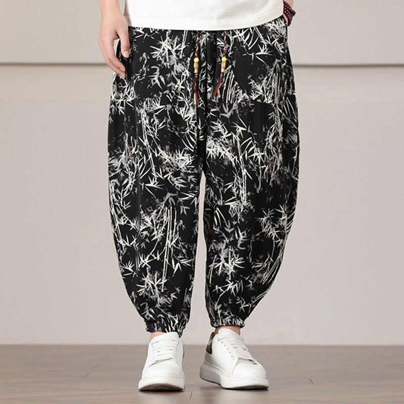 Buddha Stones Bamboo Leaf Pattern Drawstring Men's Harem Pants With Pockets - image 12