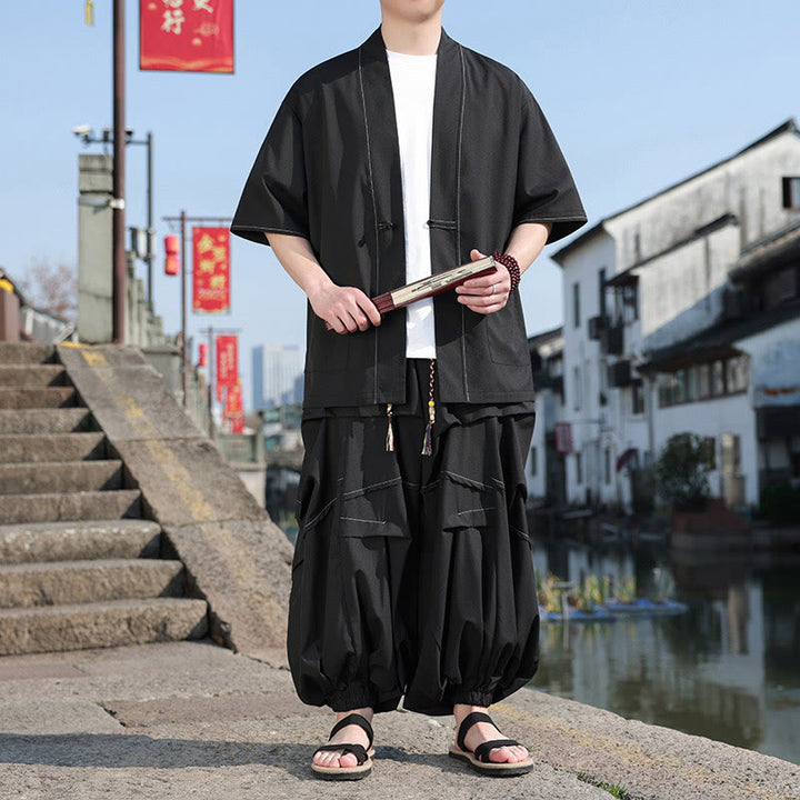 Buddha Stones 2Pcs Black Frog-Button Cotton Men's Kimono Jacket Drawstring Wide Leg Pants With Pockets - image 4