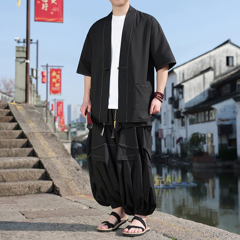 Buddha Stones 2Pcs Black Frog-Button Cotton Men's Kimono Jacket Drawstring Wide Leg Pants With Pockets - image 3
