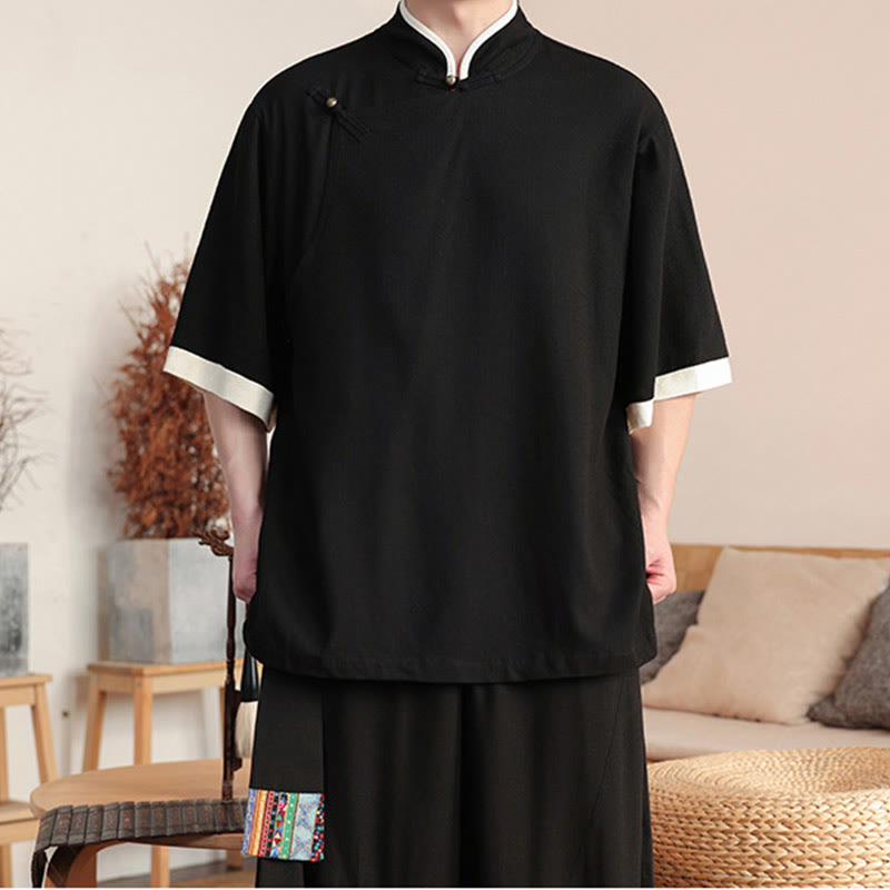 Buddha Stones 2Pcs Chinese Frog-button Men's Shirt Wide Leg Pants Meditation Cloth Set - image 3